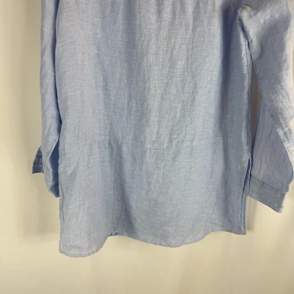Tahari French blue 100% linen tunic shirt top split hem S Button -Up Top - Picture 13 of 14